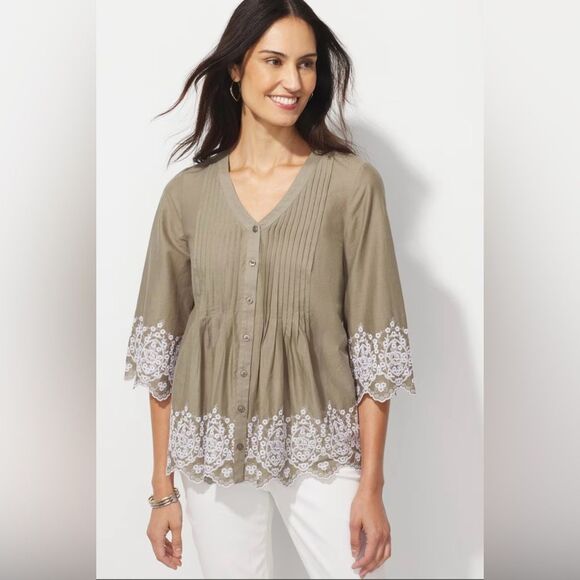 Chico's Tops - Chico’s Pleated Embroidered Wide-Sleeve Shirt SZ 3 V neck 3/4 Sleeve Color Olive